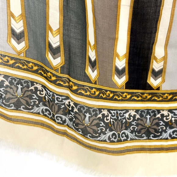 Sold on our website CHANEL Black Gray Cashmere Rectangular CC Logo Fringe Scarf - Picture 7 of 13